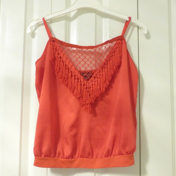 BEBE bright orange satin top with tassels and bubble hem - Picture 9 of 11
